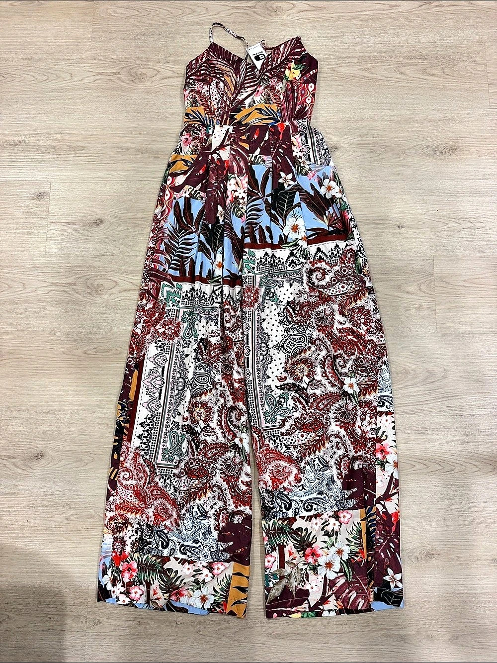 Buckle A Peach XS Pink Multi Sleeveless V Neck Wide Leg Jumpsuit Floral Wide Leg